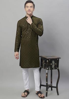 Green Embroidered Cotton Kurta Set For Men