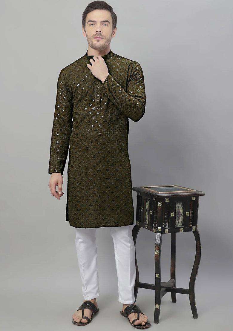 Green Embroidered Cotton Kurta Set For Men - Indya