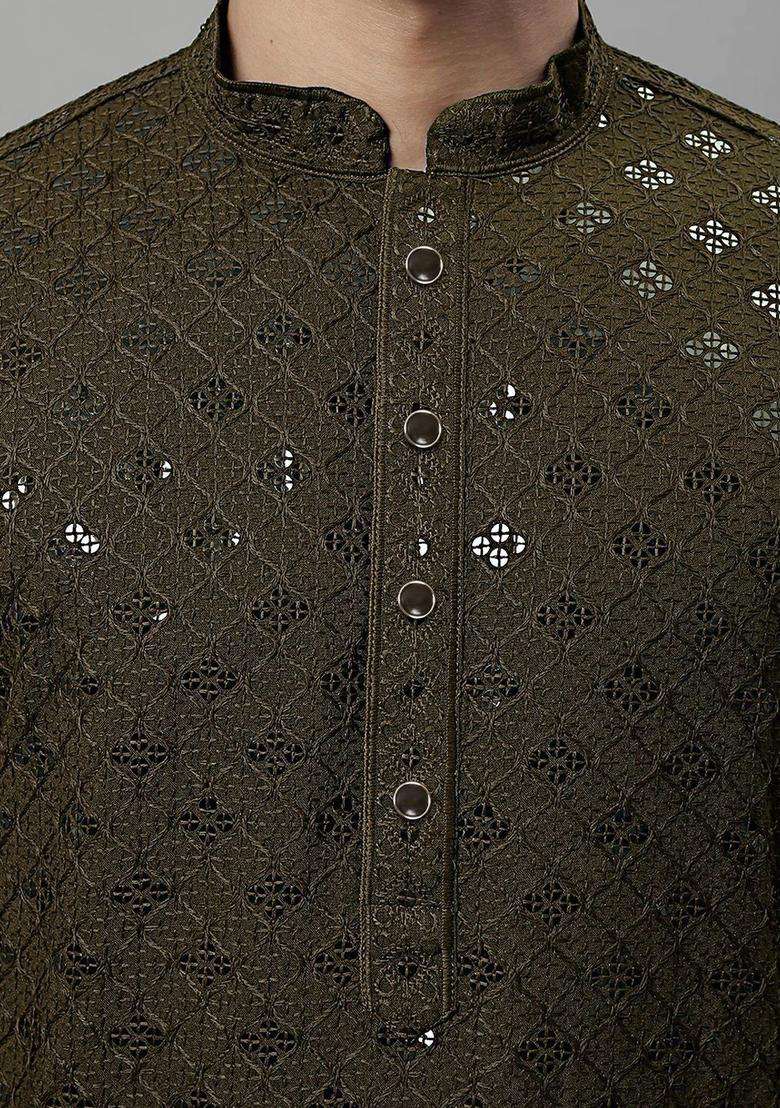 Green Embroidered Cotton Kurta Set For Men - Indya