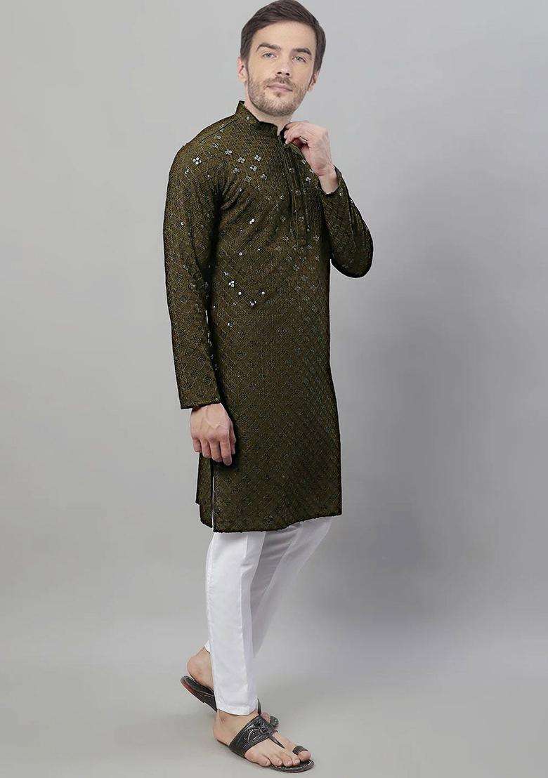 Green Embroidered Cotton Kurta Set For Men - Indya