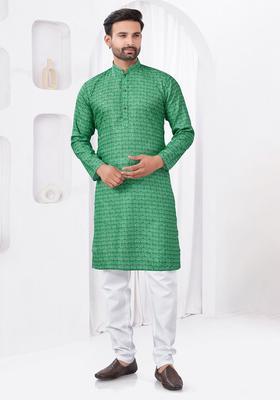 Green Printed Viscose Kurta Set For Men