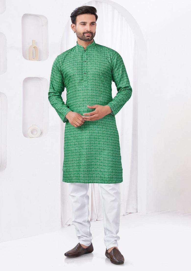 Green Printed Viscose Kurta Set For Men - Indya