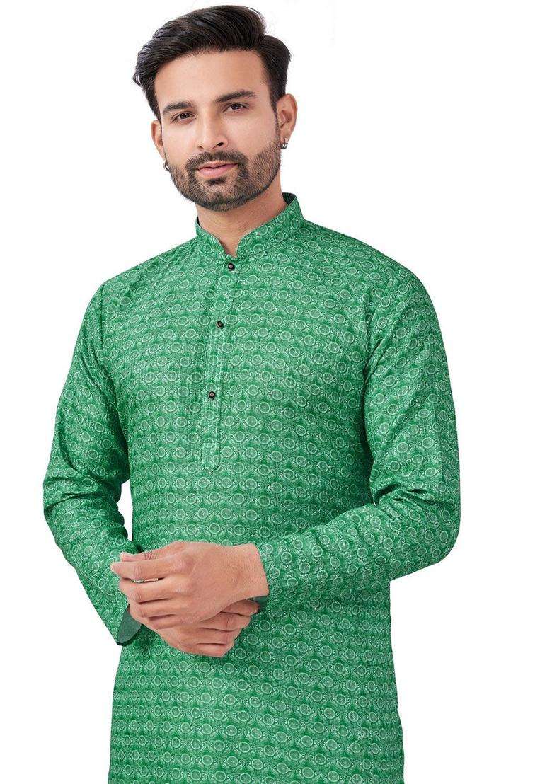 Green Printed Viscose Kurta Set For Men - Indya