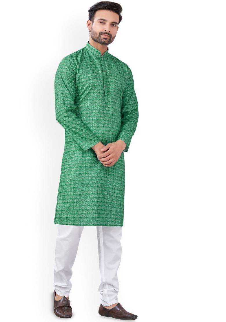 Green Printed Viscose Kurta Set For Men - Indya