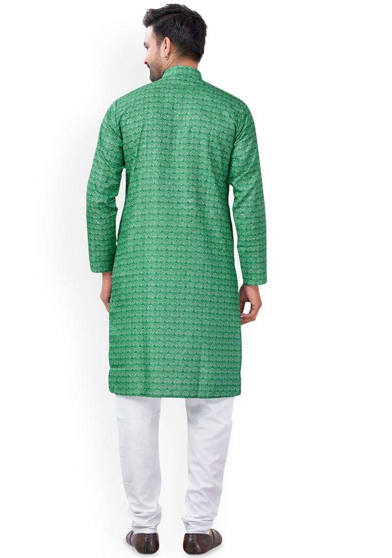 Green Printed Viscose Kurta Set For Men - Indya