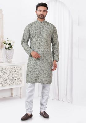 Grey Printed Viscose Kurta Set For Men