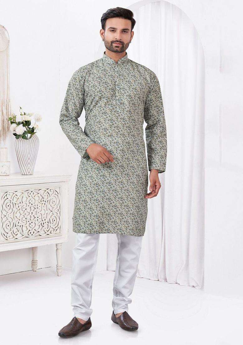 Grey Printed Viscose Kurta Set For Men - Indya