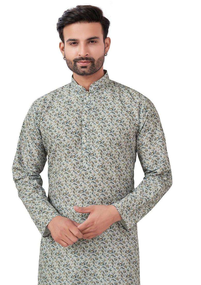 Grey Printed Viscose Kurta Set For Men - Indya