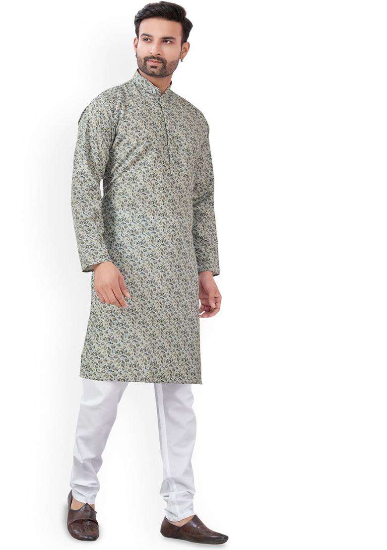 Grey Printed Viscose Kurta Set For Men - Indya