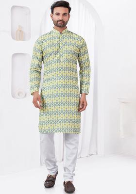 Yellow Printed Viscose Kurta Set For Men