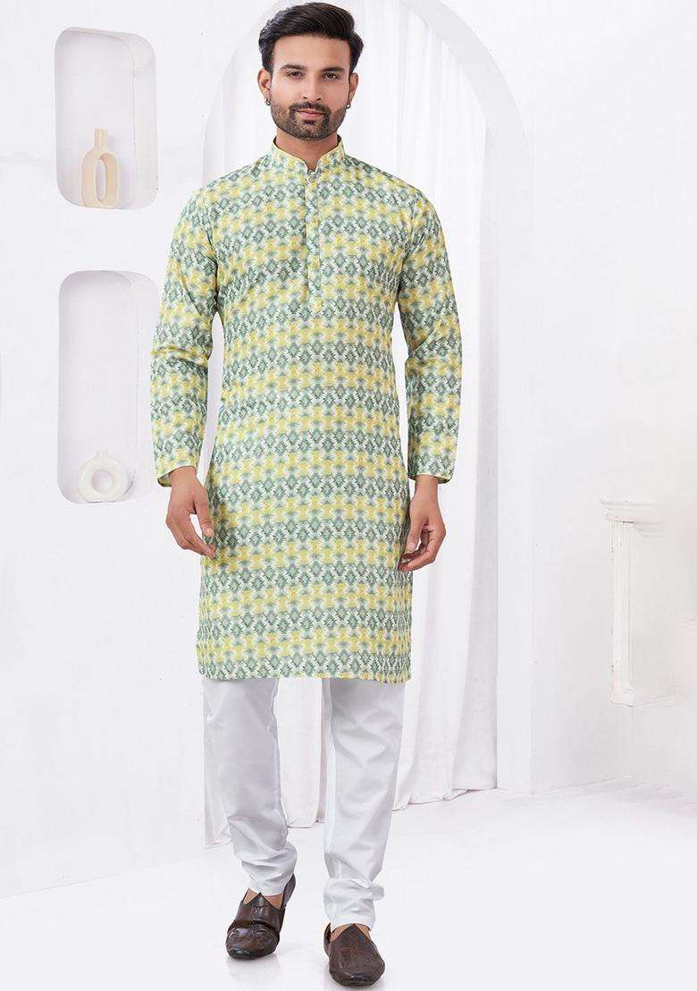 Yellow Printed Viscose Kurta Set For Men - Indya