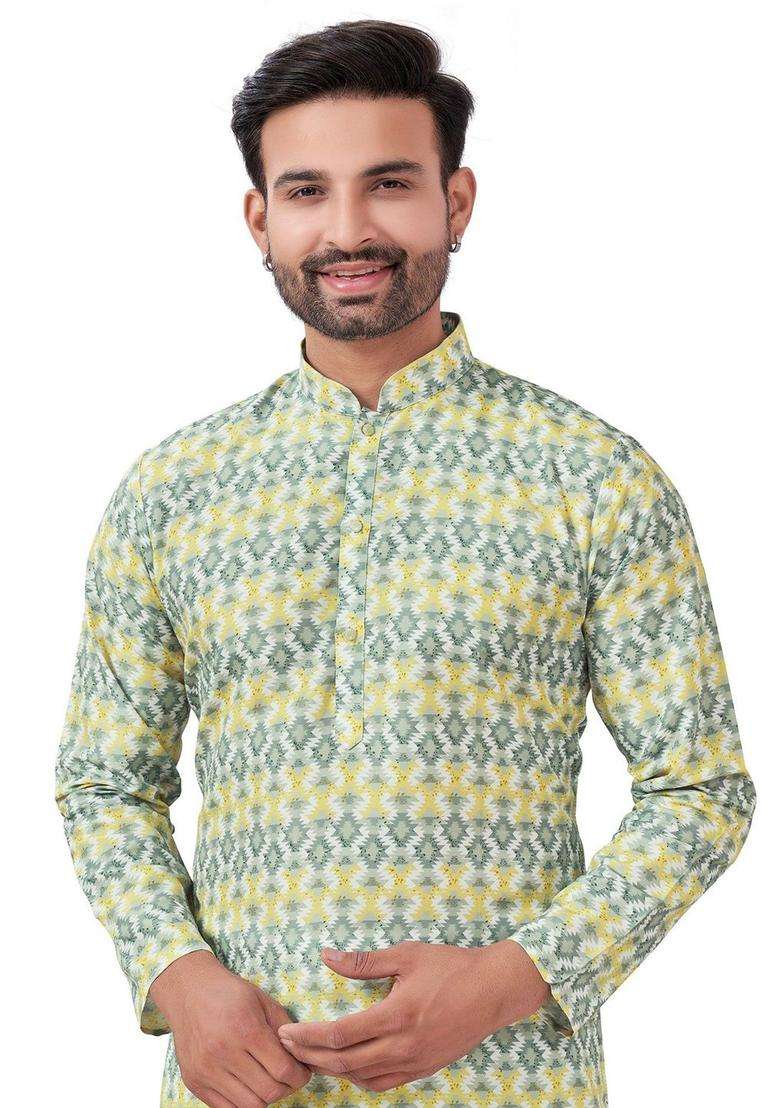 Yellow Printed Viscose Kurta Set For Men - Indya