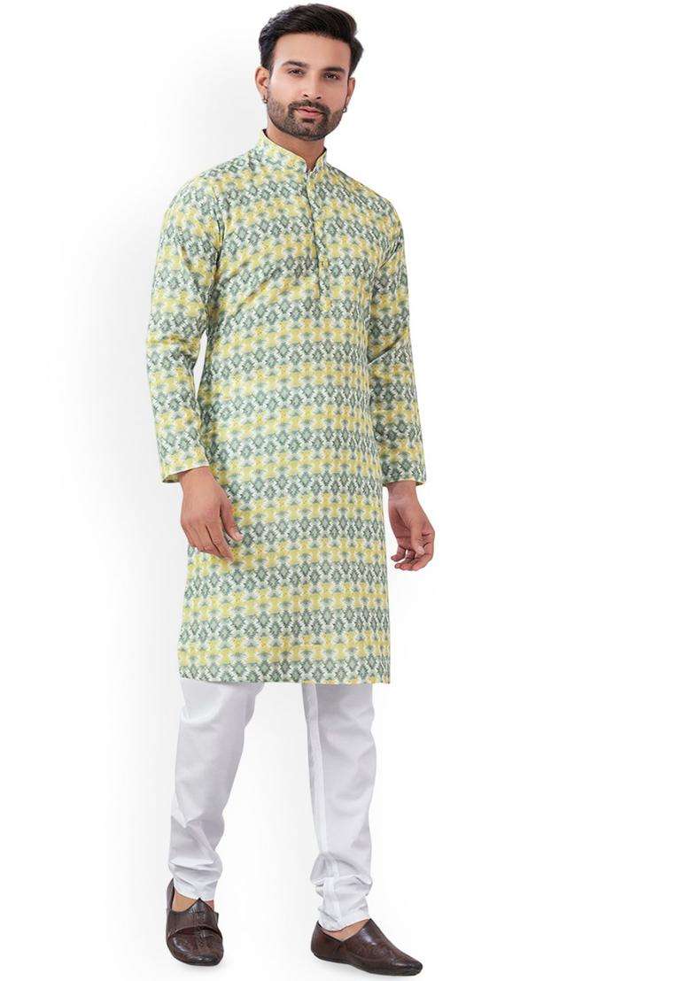 Yellow Printed Viscose Kurta Set For Men - Indya