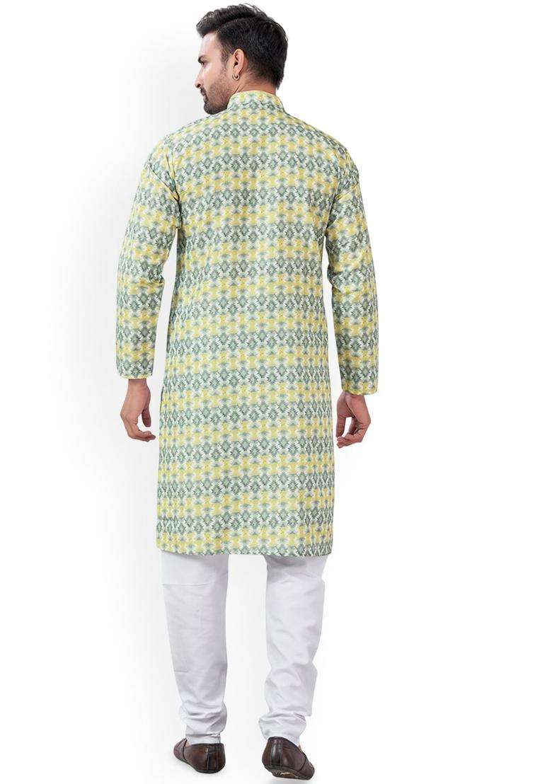 Yellow Printed Viscose Kurta Set For Men - Indya