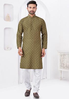 Mustard Printed Viscose Kurta Set For Men