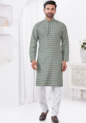Green Printed Viscose Kurta Set For Men