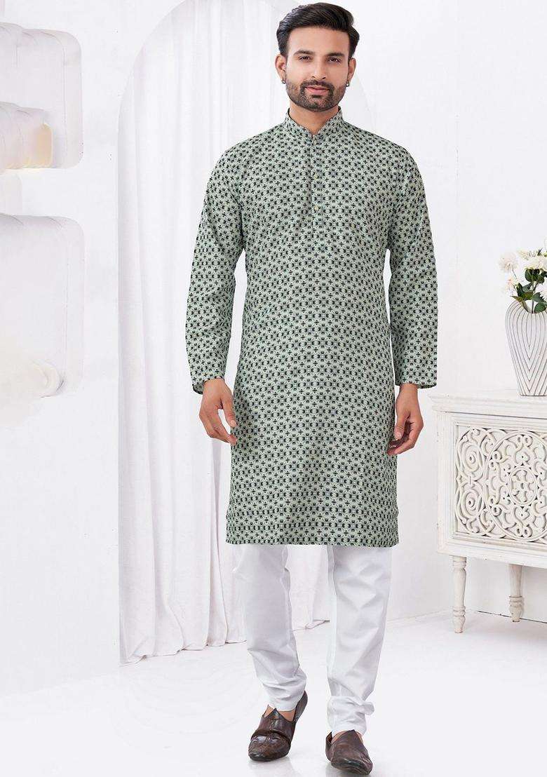 Green Printed Viscose Kurta Set For Men - Indya