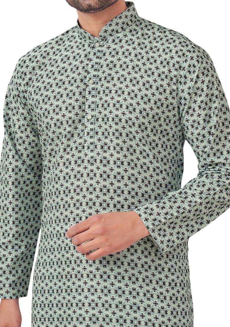 Green Printed Viscose Kurta Set For Men - Indya