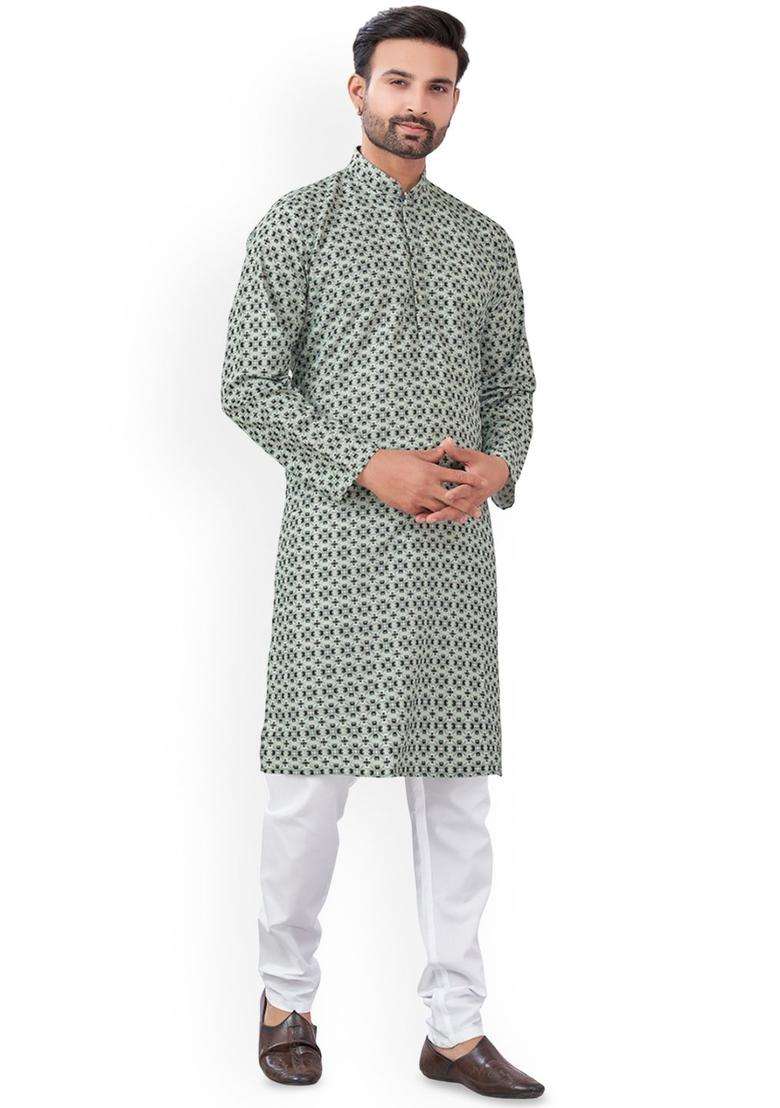 Green Printed Viscose Kurta Set For Men - Indya
