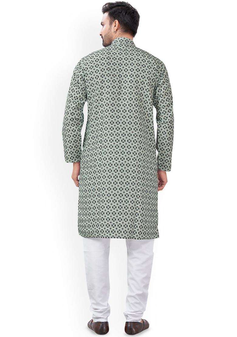 Green Printed Viscose Kurta Set For Men - Indya
