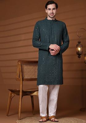 Grey Melange Embroidered Cotton Kurta Set For Men