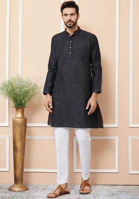 Black Woven Design Silk Kurta Set For Men