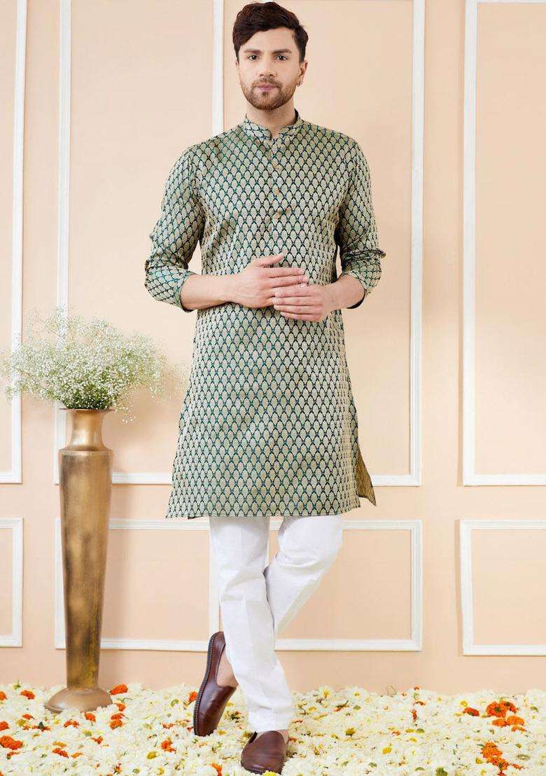 Green Woven Design Silk Blend Kurta Set For Men - Indya