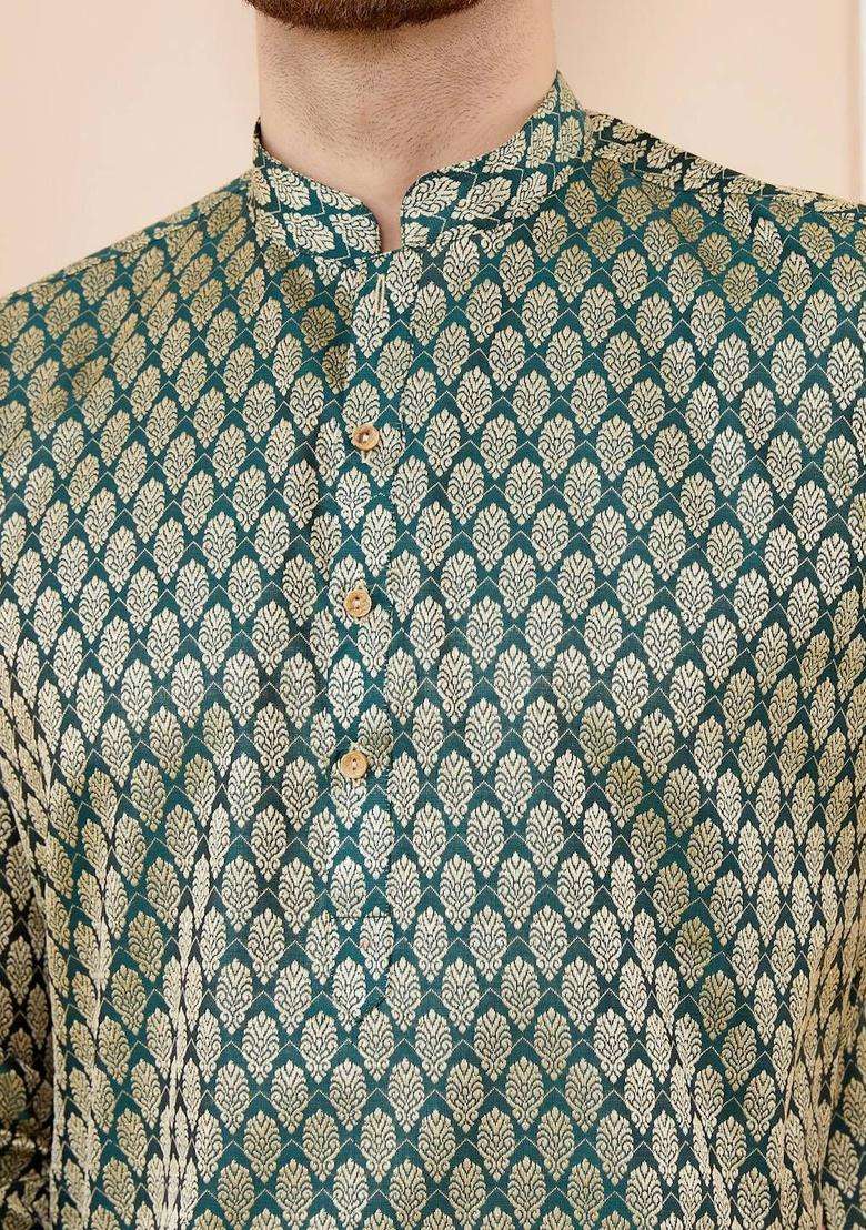 Green Woven Design Silk Blend Kurta Set For Men - Indya