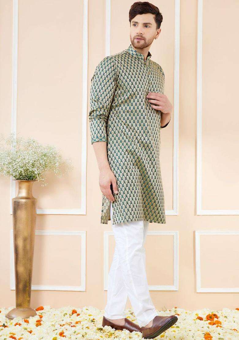 Green Woven Design Silk Blend Kurta Set For Men - Indya