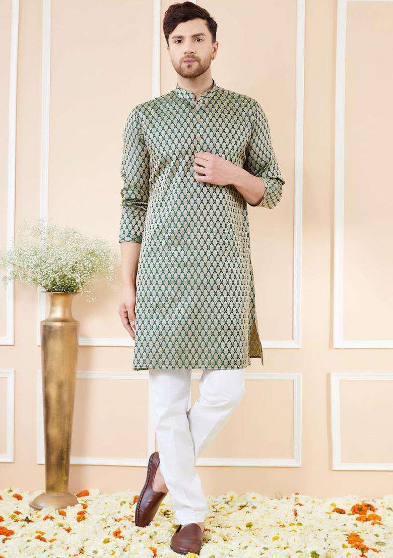 Green Woven Design Silk Blend Kurta Set For Men - Indya