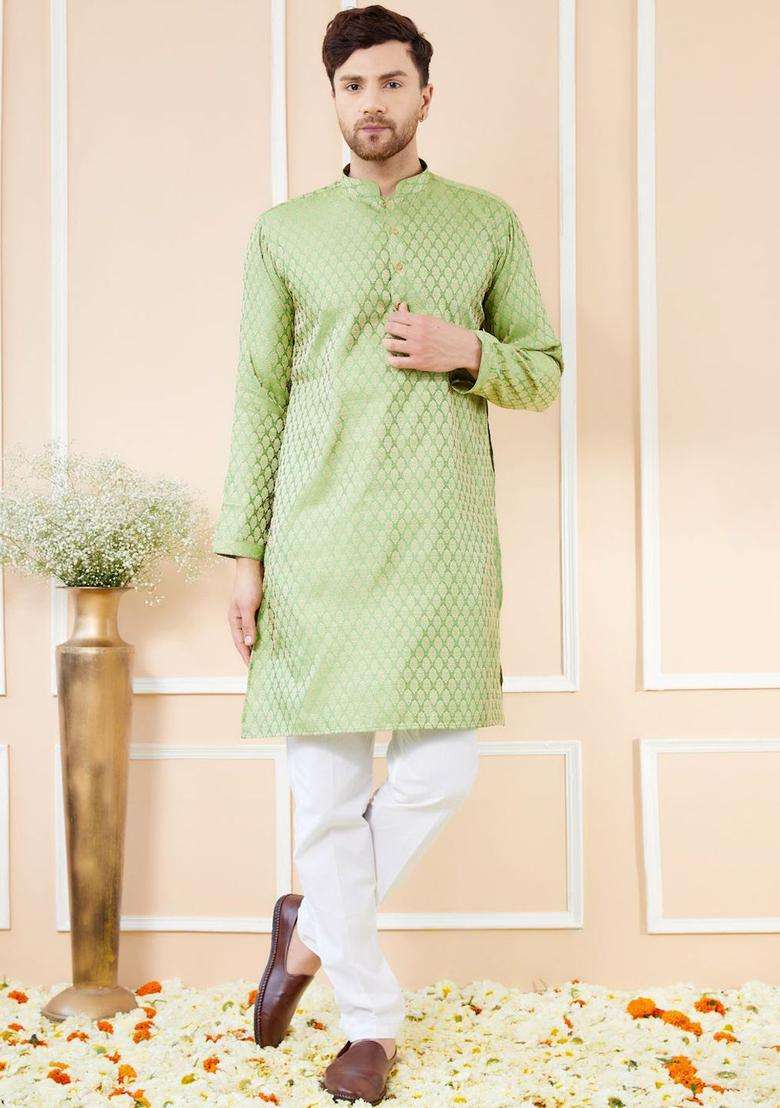 Green Woven Design Silk Blend Kurta Set For Men - Indya