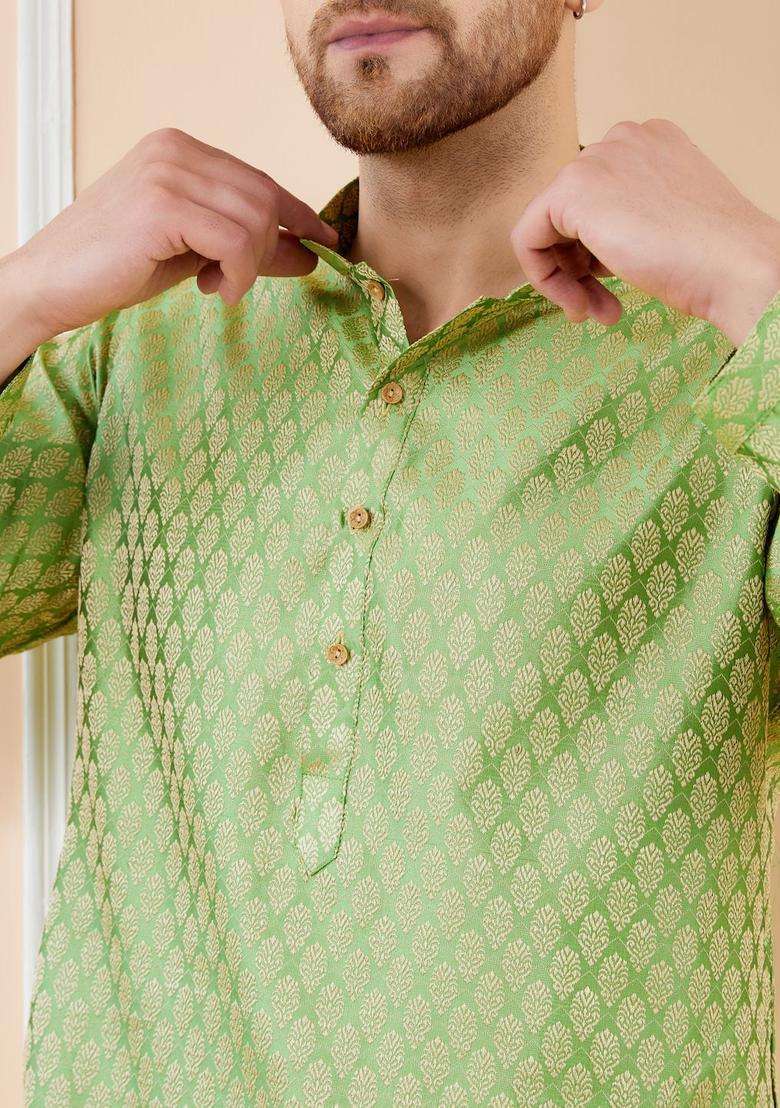 Green Woven Design Silk Blend Kurta Set For Men - Indya