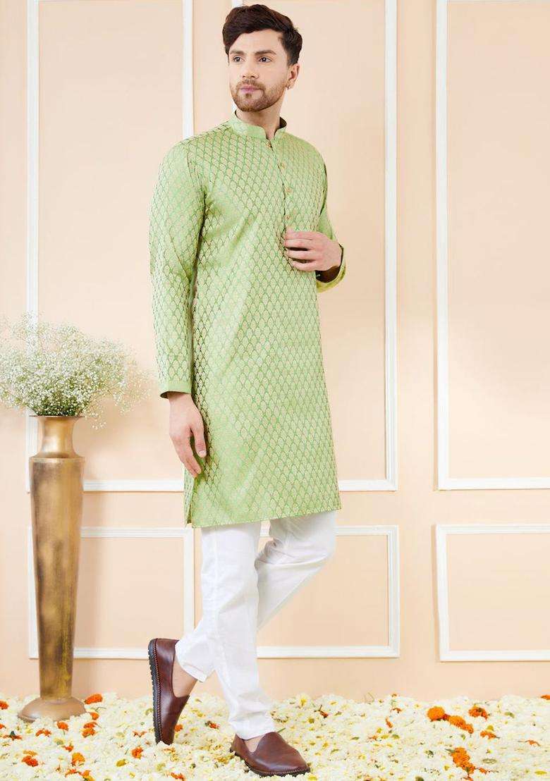 Green Woven Design Silk Blend Kurta Set For Men - Indya