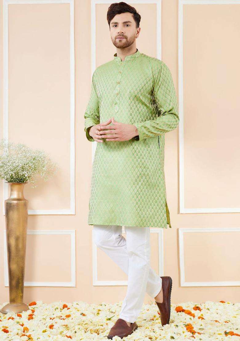 Green Woven Design Silk Blend Kurta Set For Men - Indya