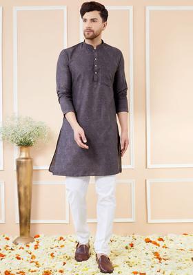 Black Woven Design Silk Kurta Set For Men