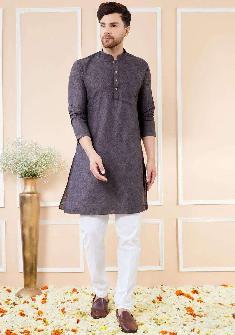 Black Woven Design Silk Blend Kurta Set For Men - Indya