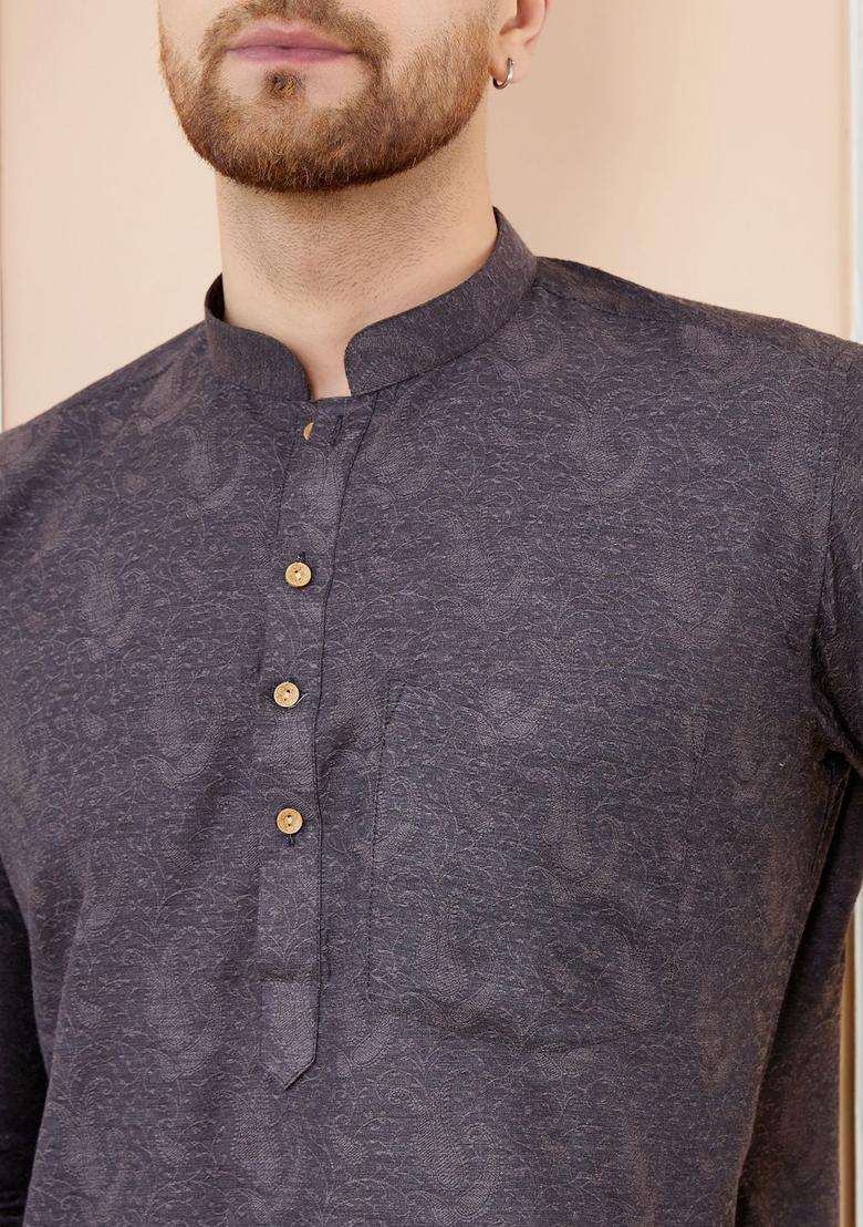 Black Woven Design Silk Blend Kurta Set For Men - Indya