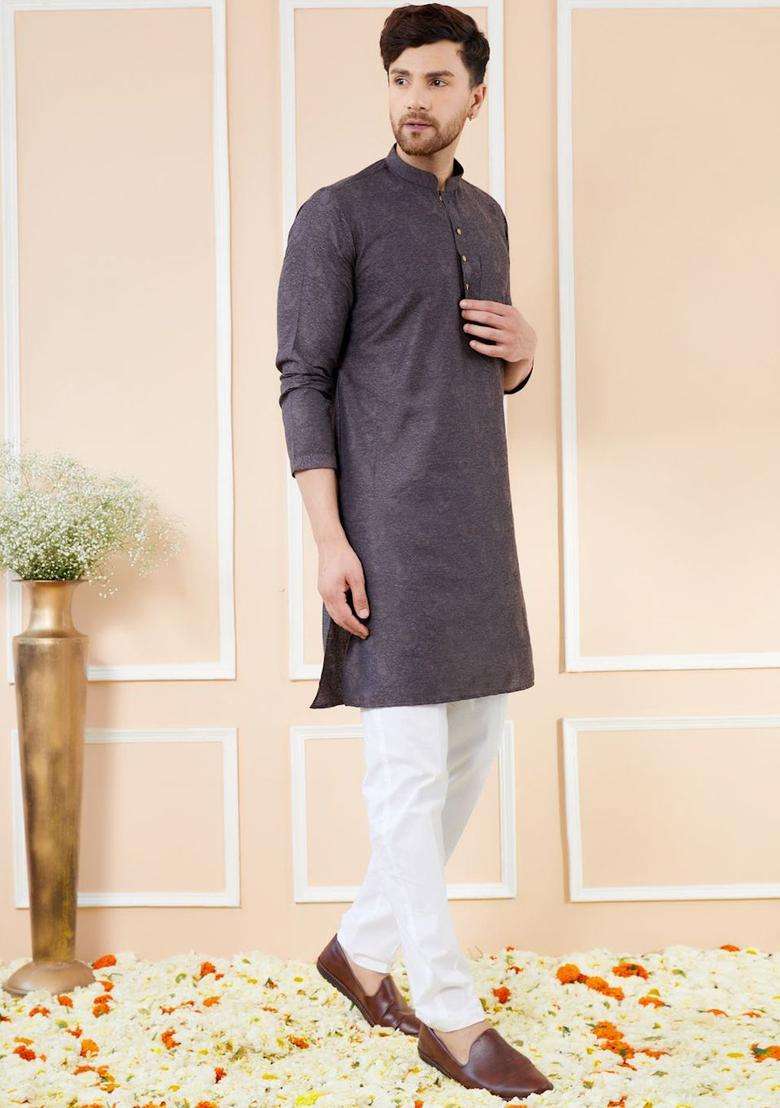 Black Woven Design Silk Blend Kurta Set For Men - Indya