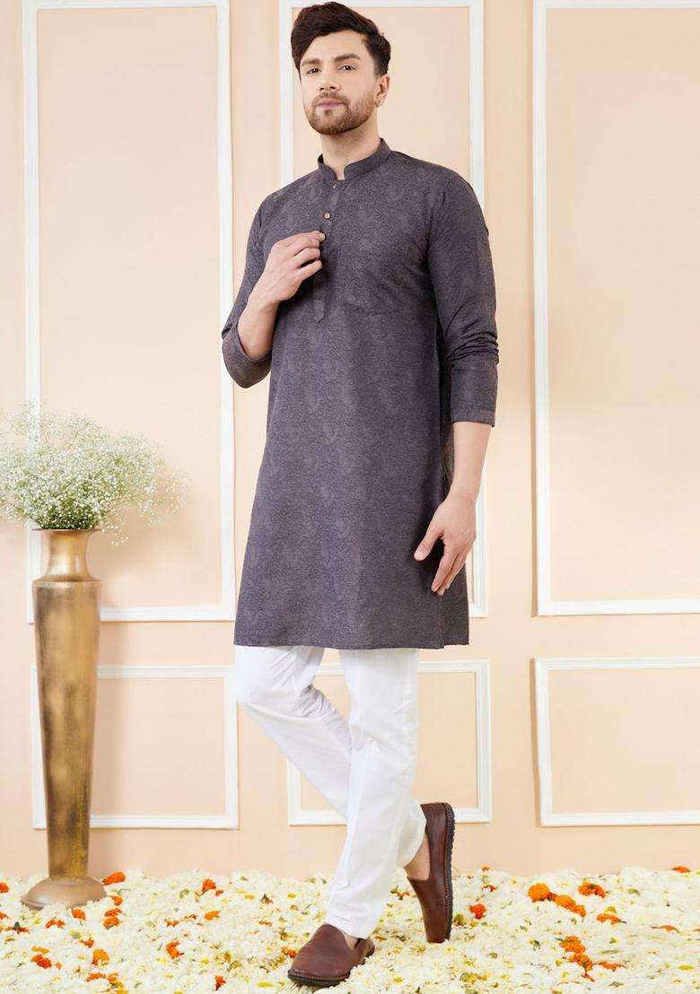 Black Woven Design Silk Blend Kurta Set For Men - Indya