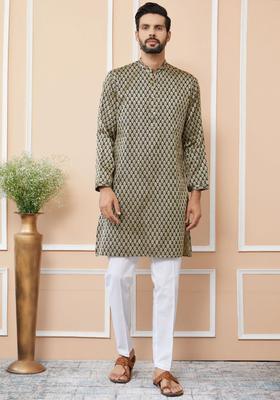 Black Woven Design Silk Kurta Set For Men