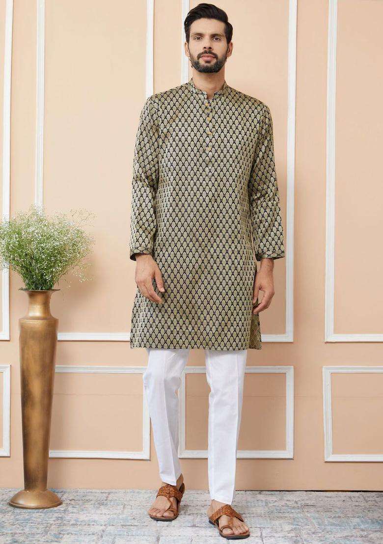 Black Woven Design Silk Blend Kurta Set For Men - Indya