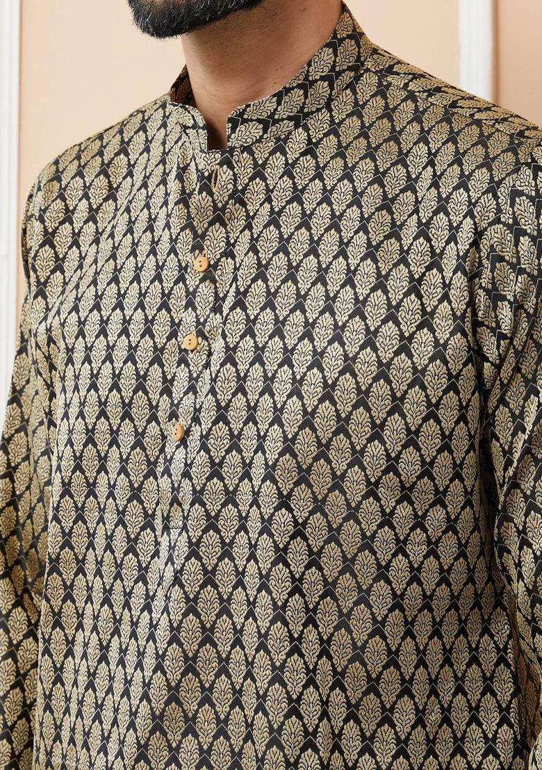 Black Woven Design Silk Blend Kurta Set For Men - Indya