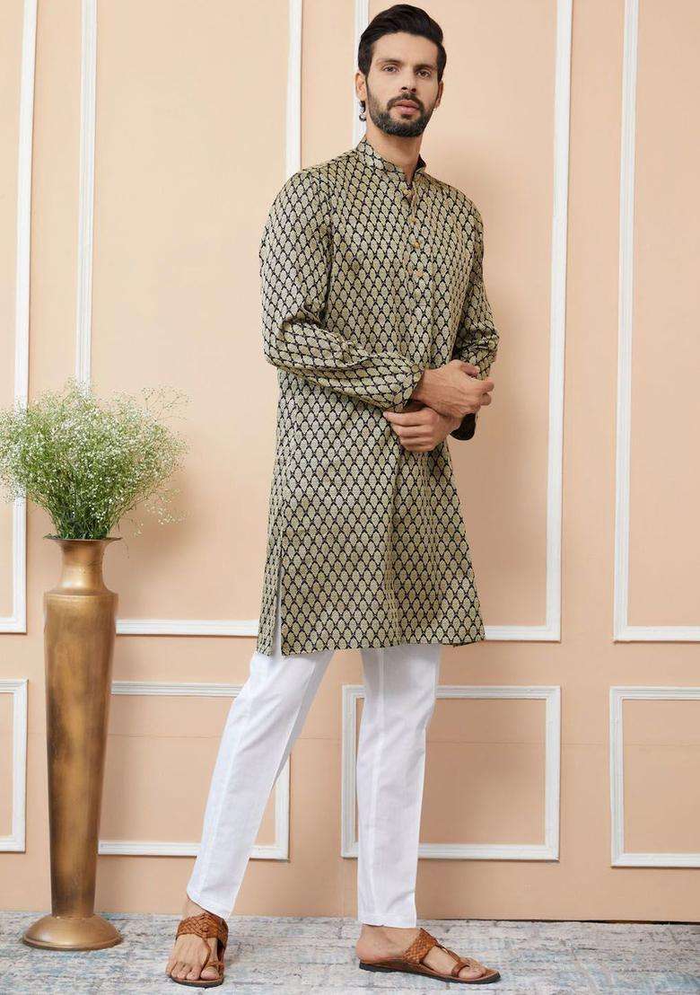 Black Woven Design Silk Blend Kurta Set For Men - Indya