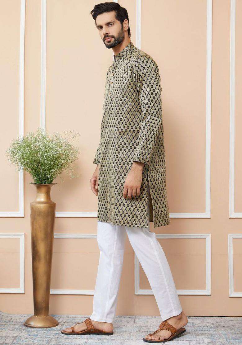 Black Woven Design Silk Blend Kurta Set For Men - Indya