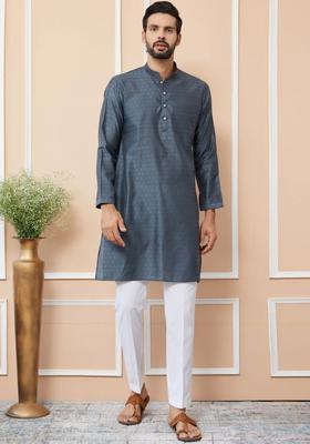 Grey Woven Design Silk Kurta Set For Men