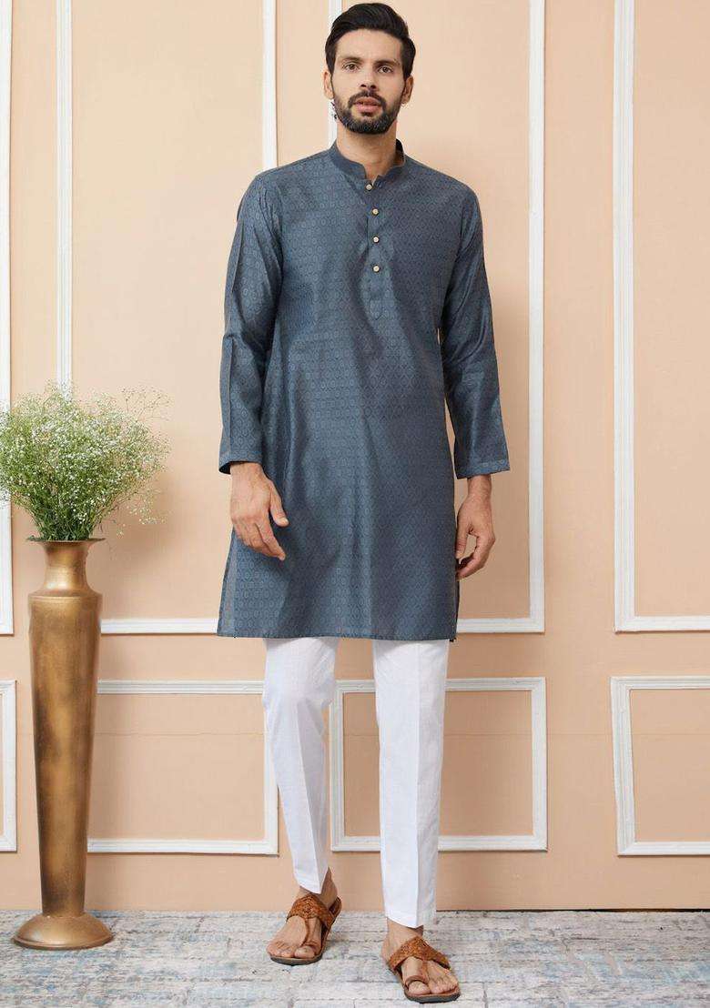 Grey Woven Design Silk Blend Kurta Set For Men - Indya