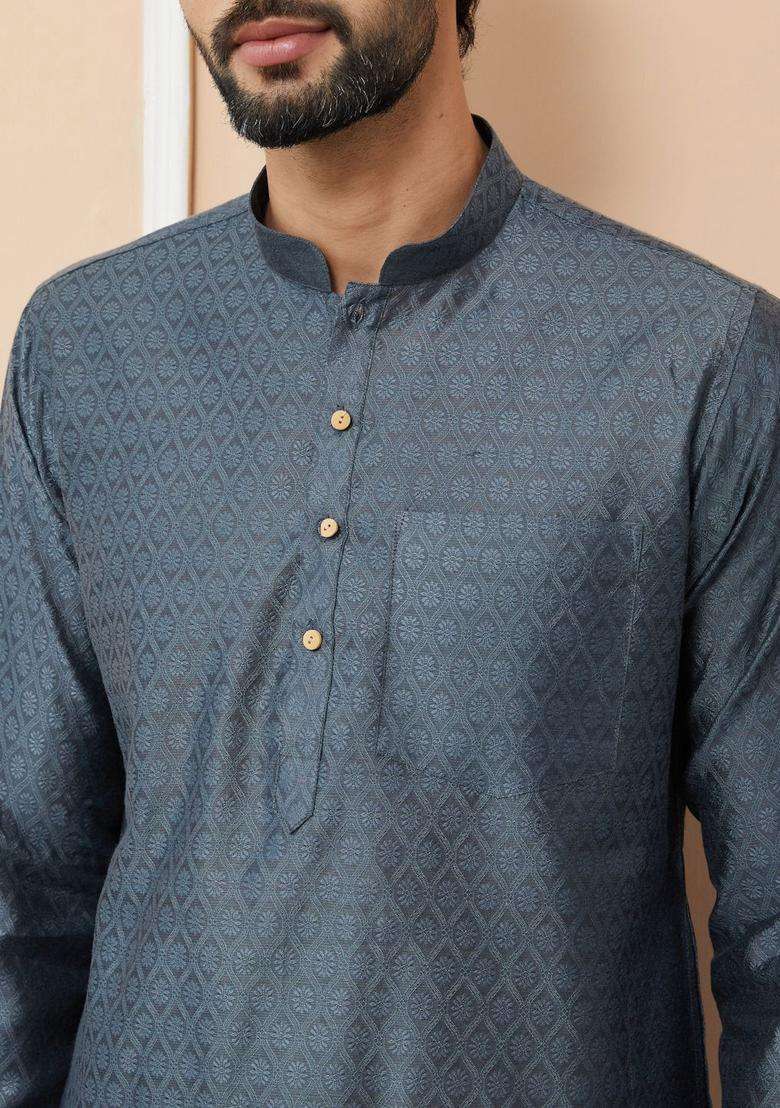 Grey Woven Design Silk Blend Kurta Set For Men - Indya