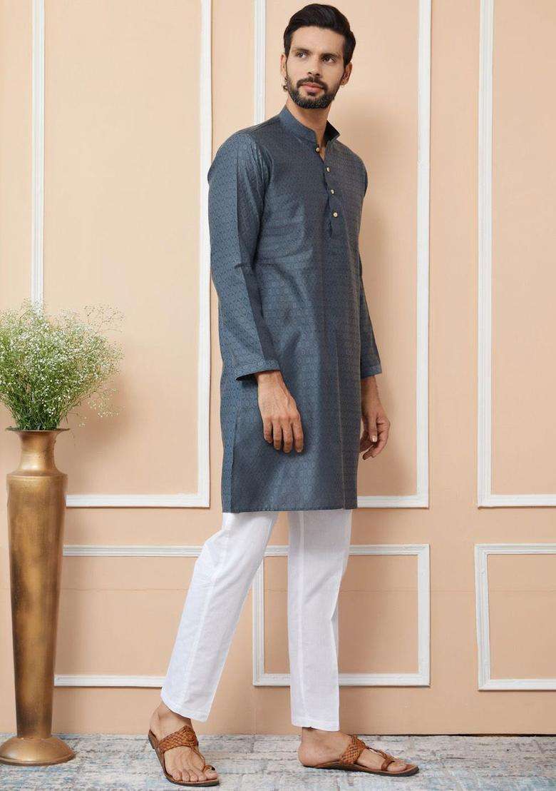 Grey Woven Design Silk Blend Kurta Set For Men - Indya