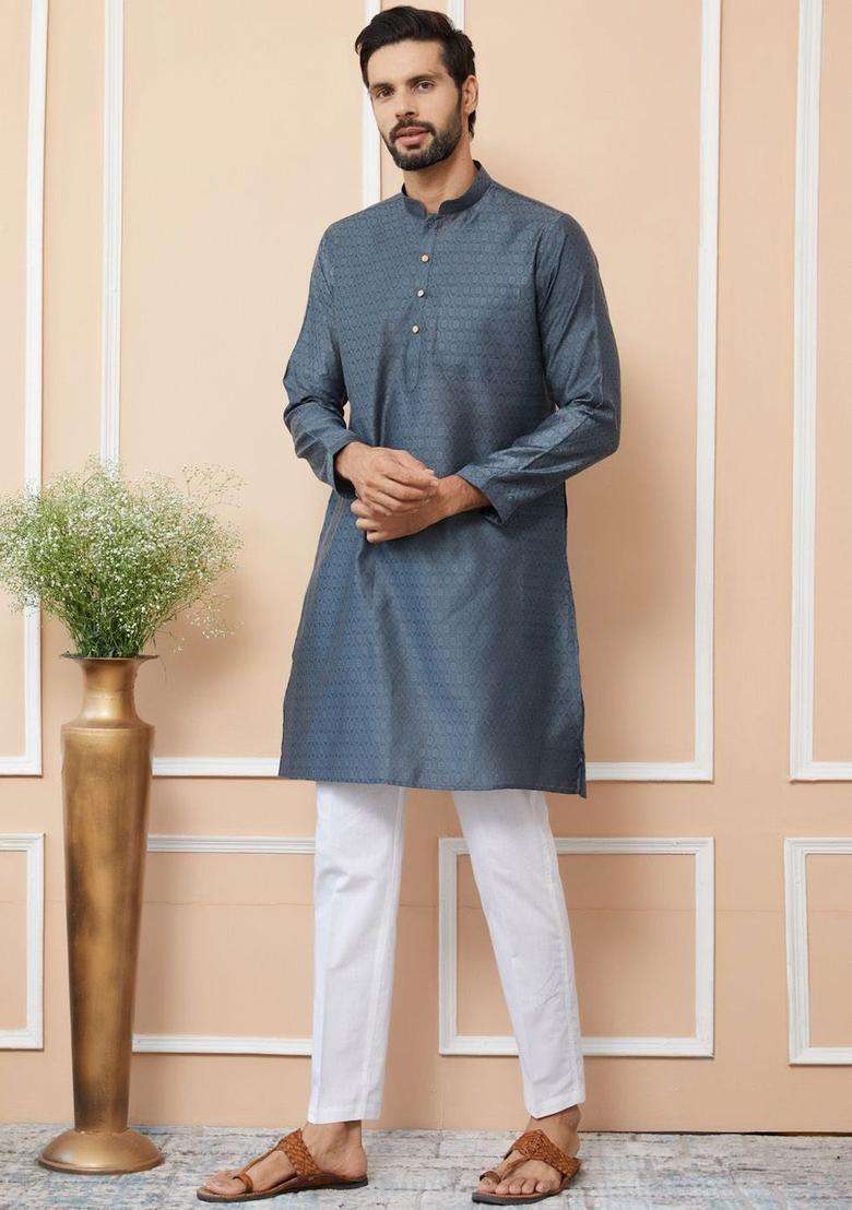 Grey Woven Design Silk Blend Kurta Set For Men - Indya