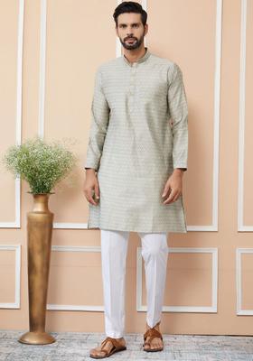 Cream Woven Design Silk Blend Kurta Set For Men